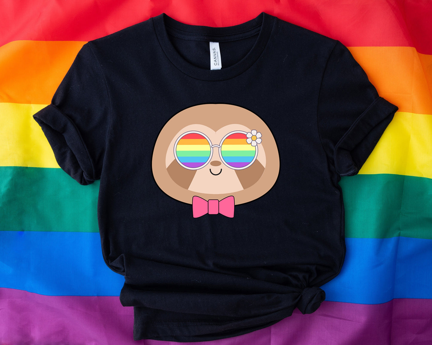 cute sloth rainbow glasses shirt blue hat, Rainbow glasses adorable spider, precious spider showing off pride. Beautiful pride spider