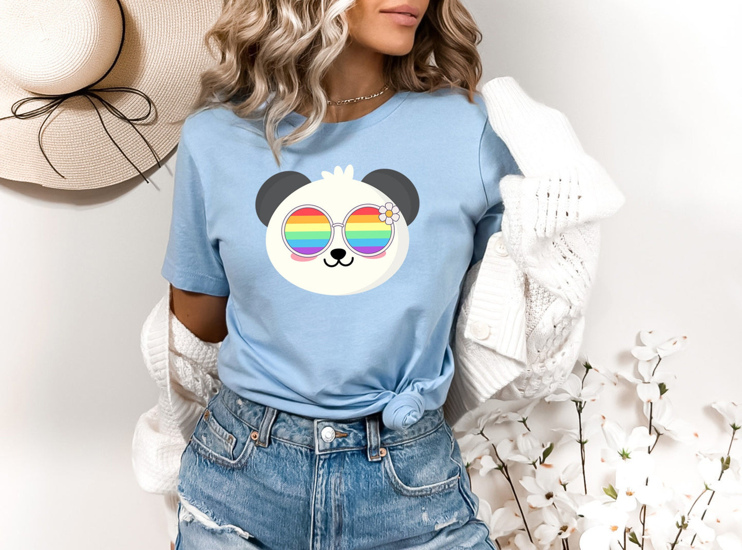 cute panda rainbow glasses shirt blue hat, Rainbow glasses on an adorable panda, precious panda showing off pride. Beautiful pride panda