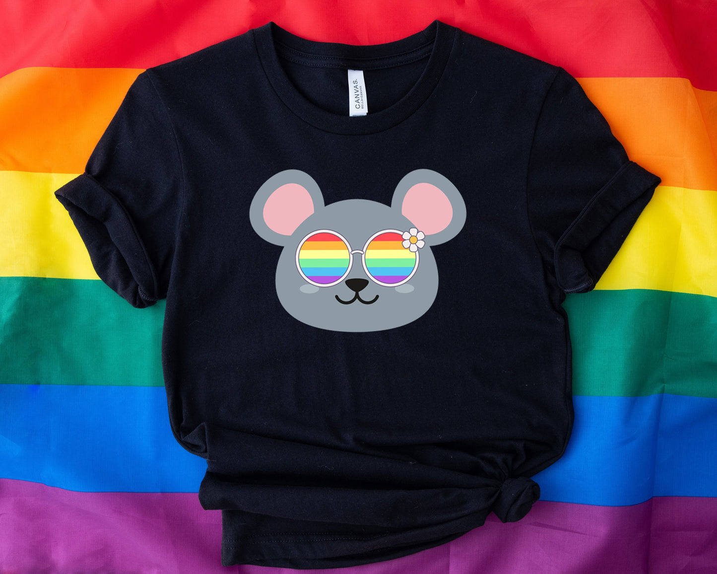 cute mouse rainbow glasses shirt blue hat, Rainbow glasses on an adorable mouse, precious mouse showing off pride. Beautiful pride mouse