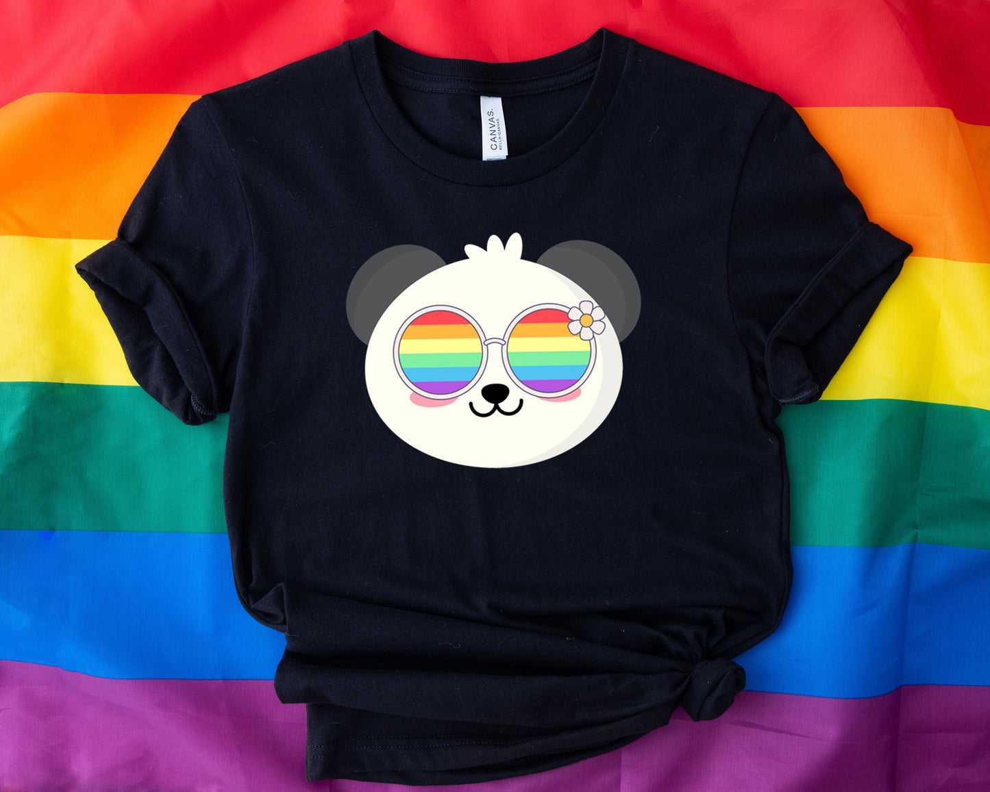 cute panda rainbow glasses shirt blue hat, Rainbow glasses on an adorable panda, precious panda showing off pride. Beautiful pride panda