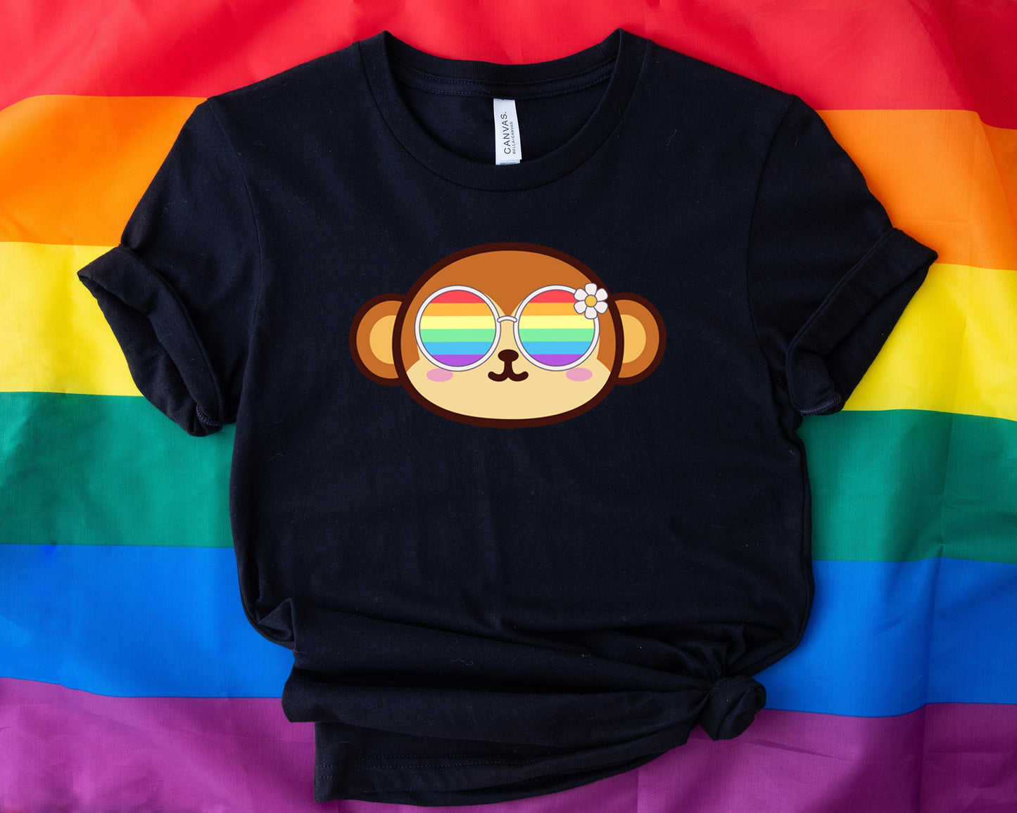 cute monkey rainbow glasses shirt blue hat, Rainbow glasses on an adorable monkey, precious monkey showing off pride. Beautiful pride monkey