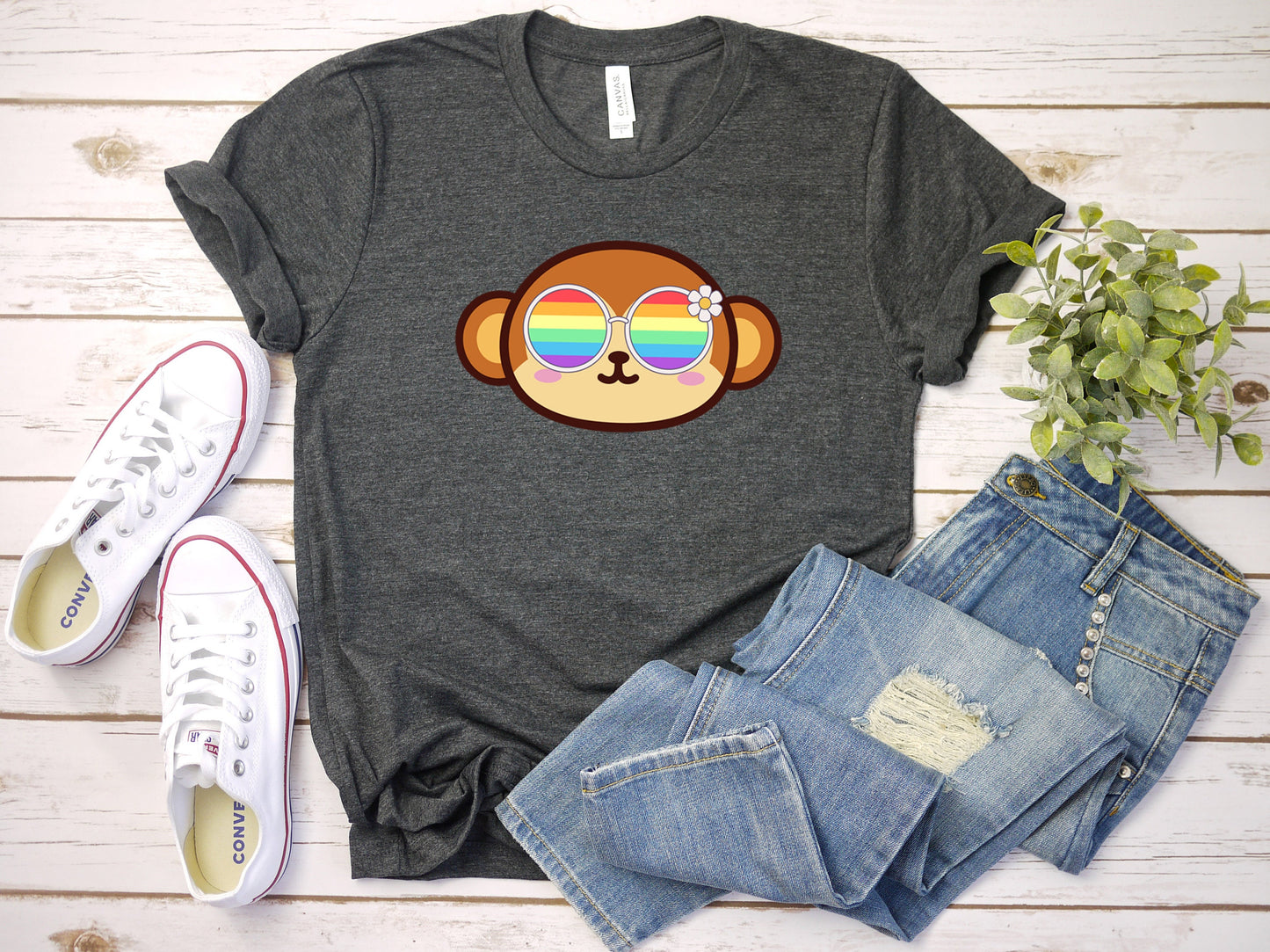 cute monkey rainbow glasses shirt blue hat, Rainbow glasses on an adorable monkey, precious monkey showing off pride. Beautiful pride monkey