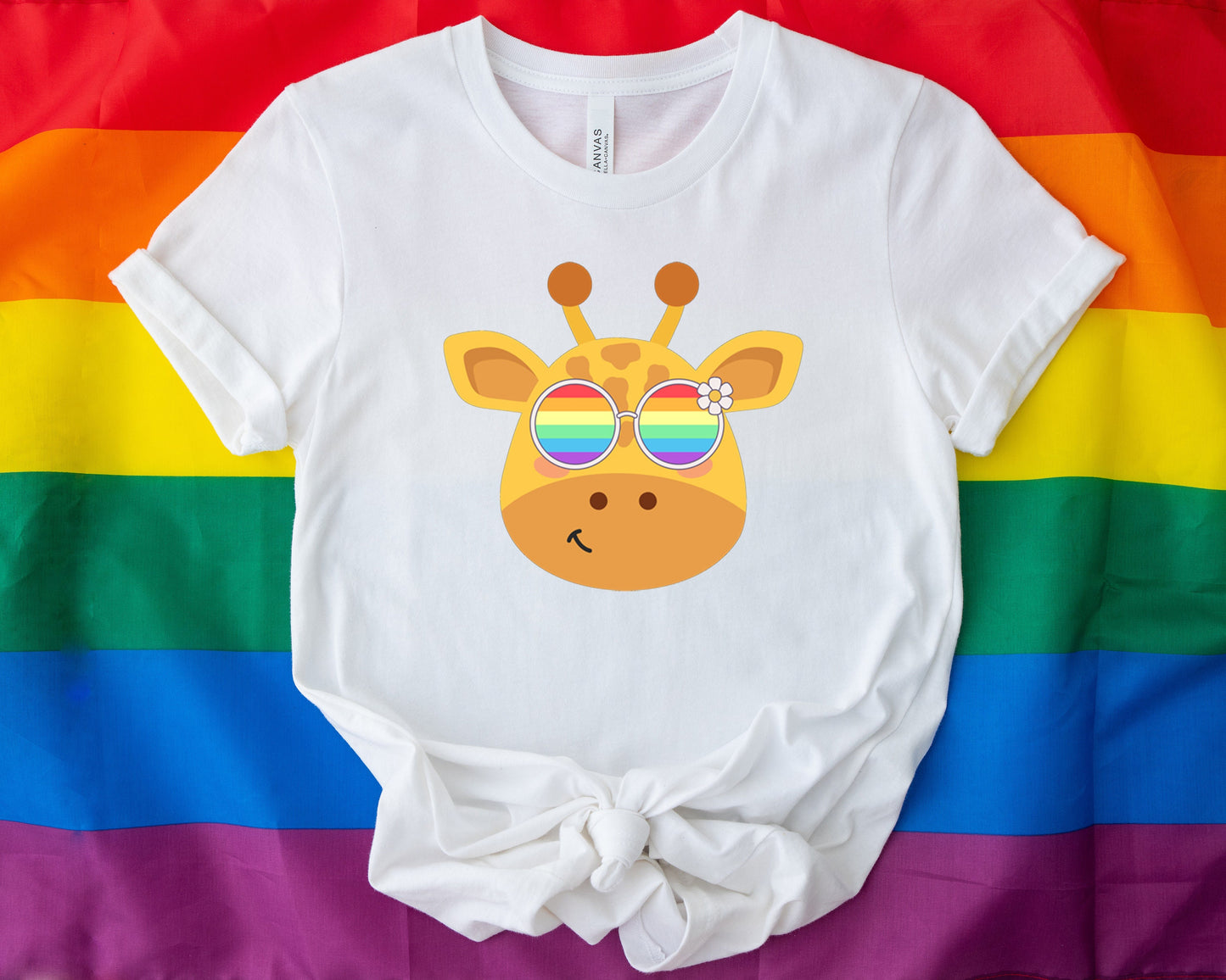 cute giraffe with rainbow glasses shirt, Rainbow glasses on an adorable giraffe, precious giraffe showing off pride. Beautiful pride giraffe