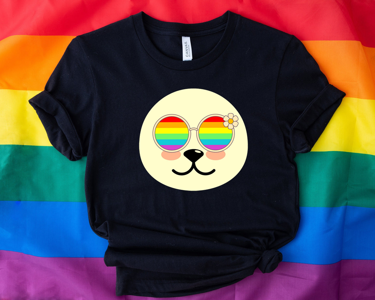Super cute Seal with rainbow glasses shirt, Rainbow glasses on an adorable Seal, precious Seal showing off pride. Beautiful pride Seal
