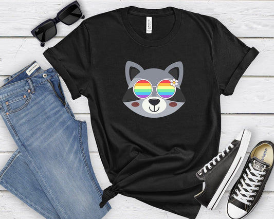 cute racoon with rainbow glasses shirt, Rainbow glasses on an adorable racoon, precious racoon showing off pride. Beautiful pride racoon