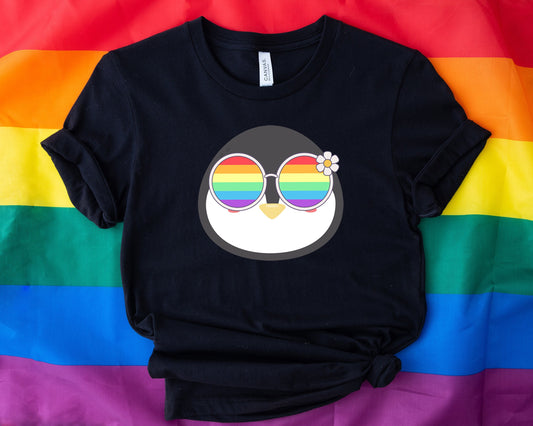 cute penguin with rainbow glasses shirt, Rainbow glasses on an adorable penguin, precious penguin showing off pride. Beautiful pride penguin