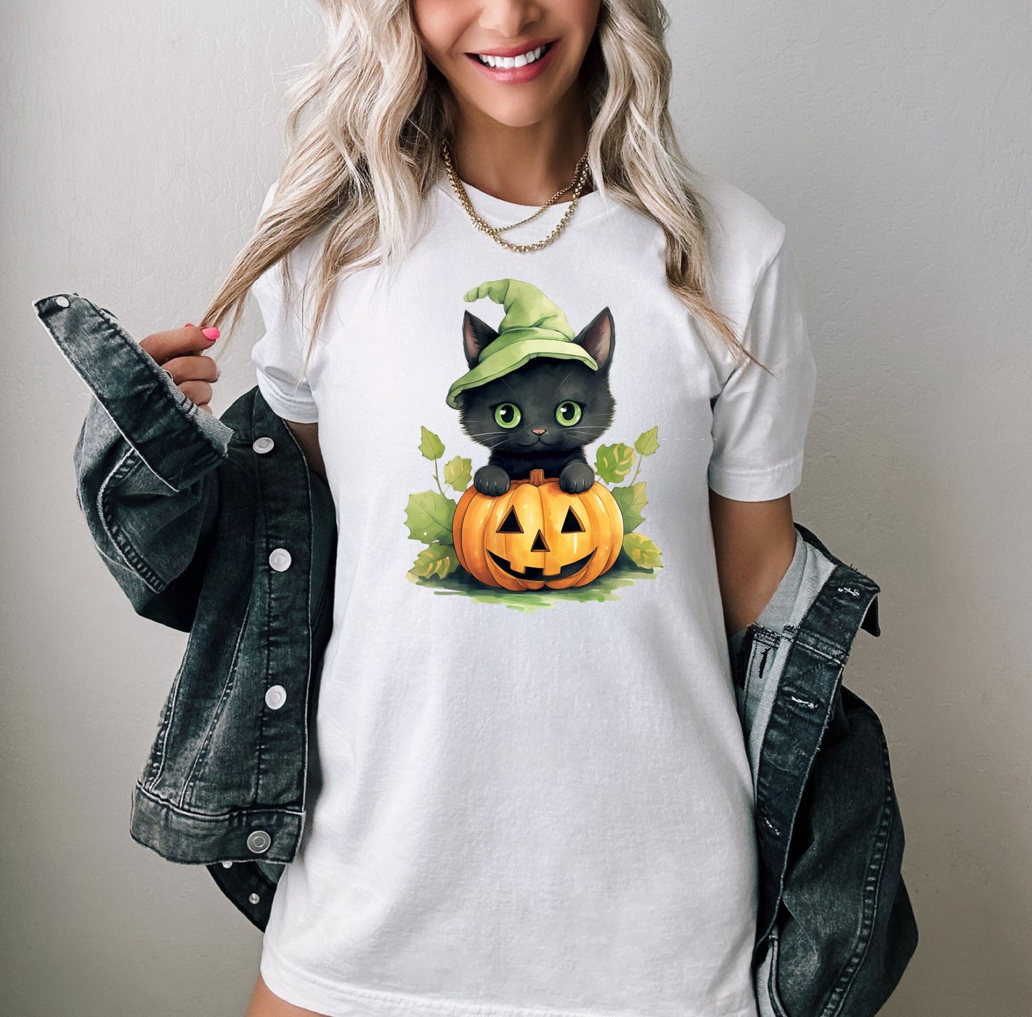Halloween forest leaf Black Cat Shirt, Cat Wants To Play Shirt, Cute Black Cat with Pumpkins shirt, Halloween Witches forest Black Cat Shirt
