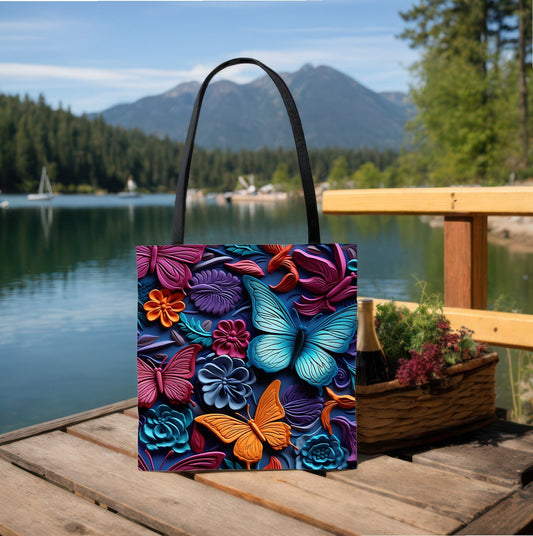 Colorful Tote Bag with Beautiful Butterflies and Flowers, Gorgeous Tote bag with colorful Butterflies and Flowers design, Cute Tote Bag