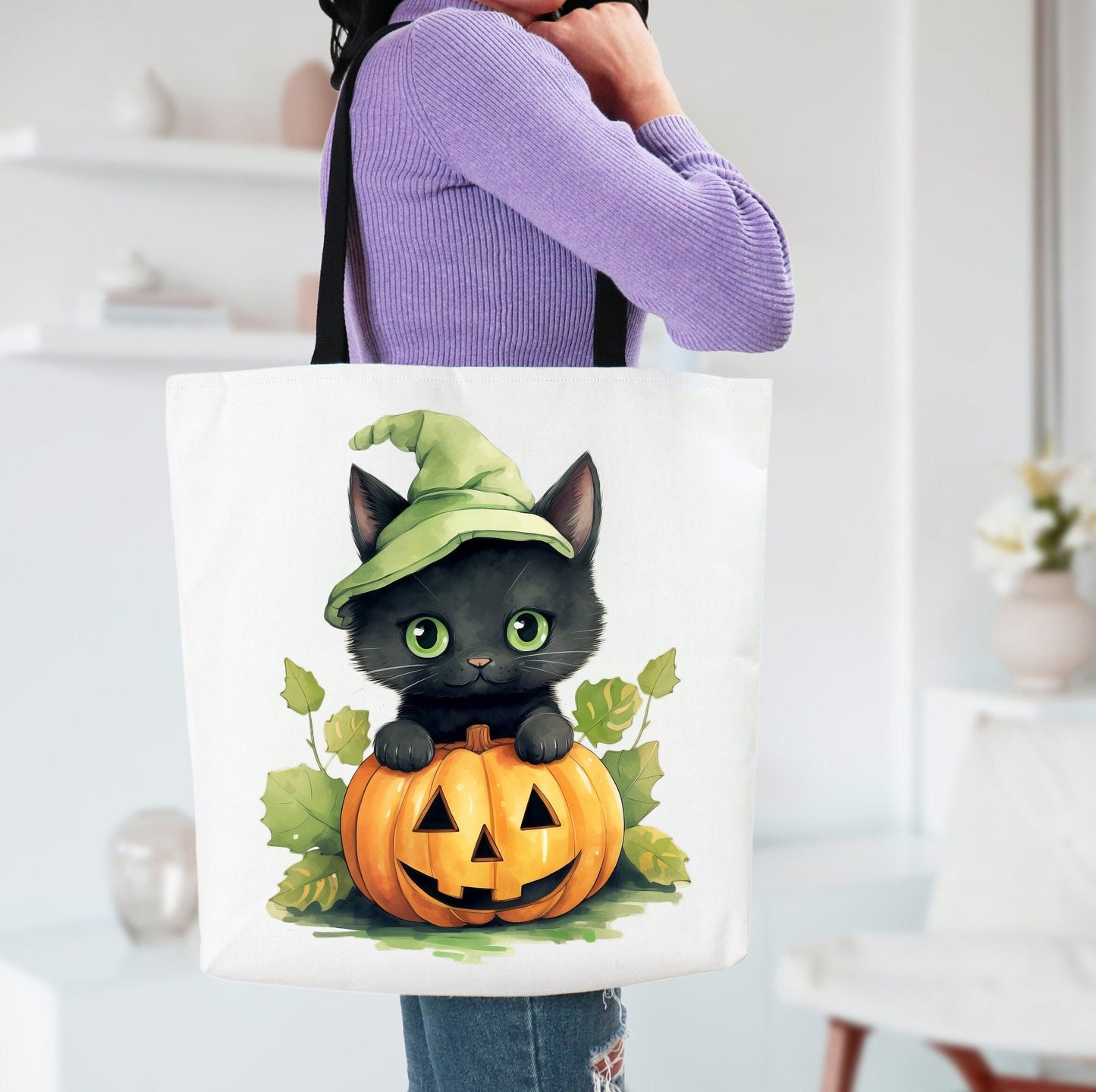 Adorable Tote bag with cute Cat, Cat Tote bag for any Occassion, Cute Cat Tote bag perfect for Halloween,  Mens, Womens, Kids Tote bag