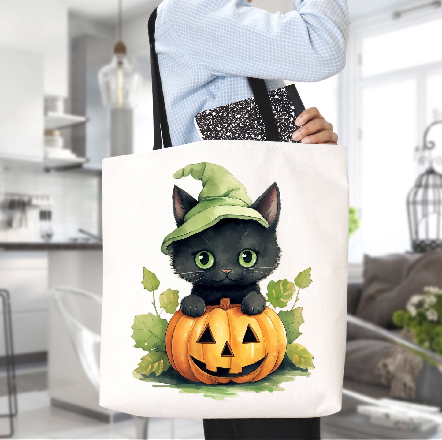 Adorable Tote bag with cute Cat, Cat Tote bag for any Occassion, Cute Cat Tote bag perfect for Halloween,  Mens, Womens, Kids Tote bag