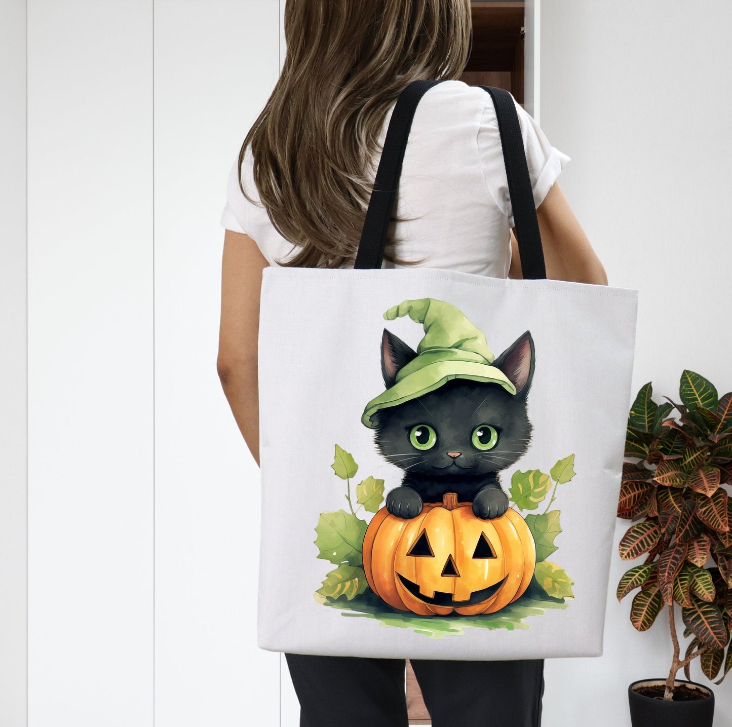 Adorable Tote bag with cute Cat, Cat Tote bag for any Occassion, Cute Cat Tote bag perfect for Halloween,  Mens, Womens, Kids Tote bag