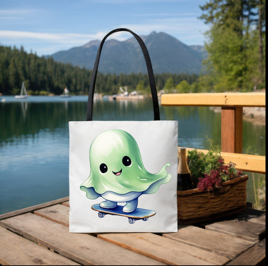 Tote bag with cute Ghost on Skateboard, Cat Tote bag for any Occassion, Cute Cat Tote perfect for Halloween,  Mens, Womens, Kids Tote bag