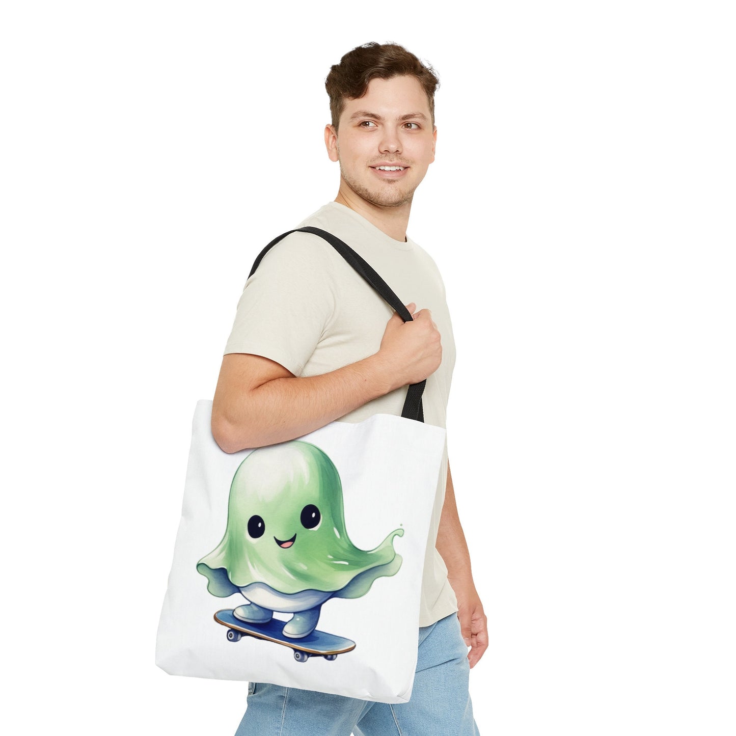 Tote bag with cute Ghost on Skateboard, Cat Tote bag for any Occassion, Cute Cat Tote perfect for Halloween,  Mens, Womens, Kids Tote bag