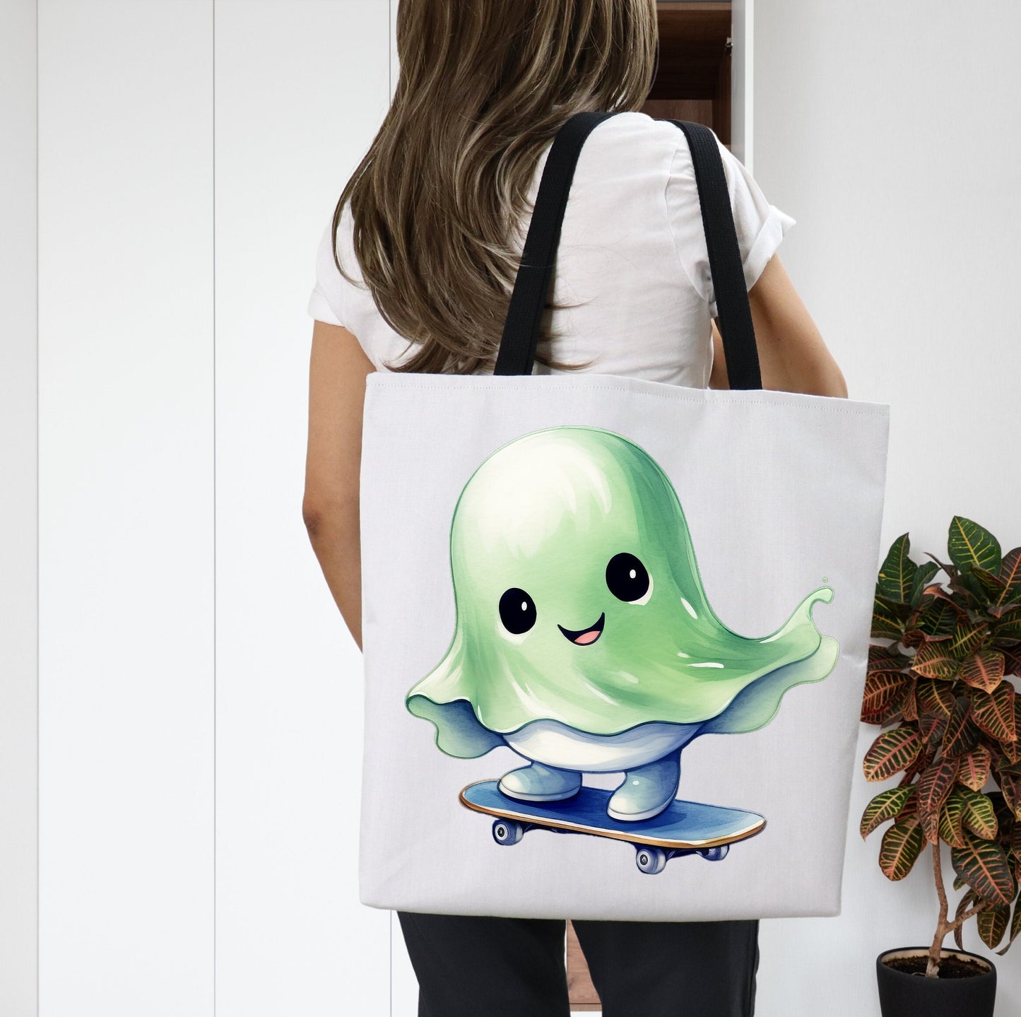 Tote bag with cute Ghost on Skateboard, Cat Tote bag for any Occassion, Cute Cat Tote perfect for Halloween,  Mens, Womens, Kids Tote bag