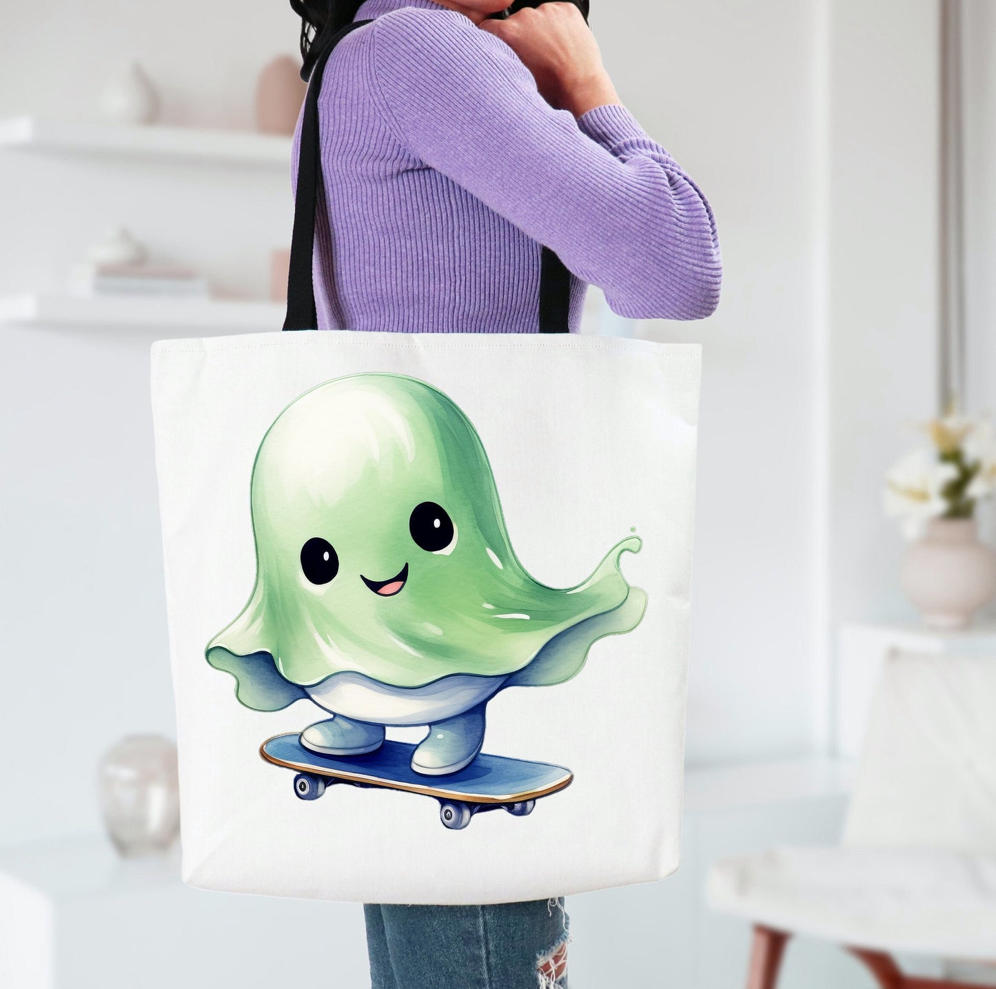 Tote bag with cute Ghost on Skateboard, Cat Tote bag for any Occassion, Cute Cat Tote perfect for Halloween,  Mens, Womens, Kids Tote bag