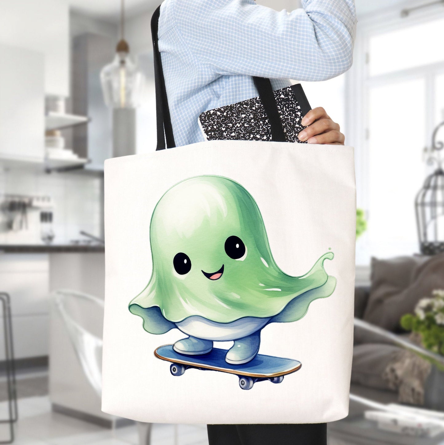 Tote bag with cute Ghost on Skateboard, Cat Tote bag for any Occassion, Cute Cat Tote perfect for Halloween,  Mens, Womens, Kids Tote bag