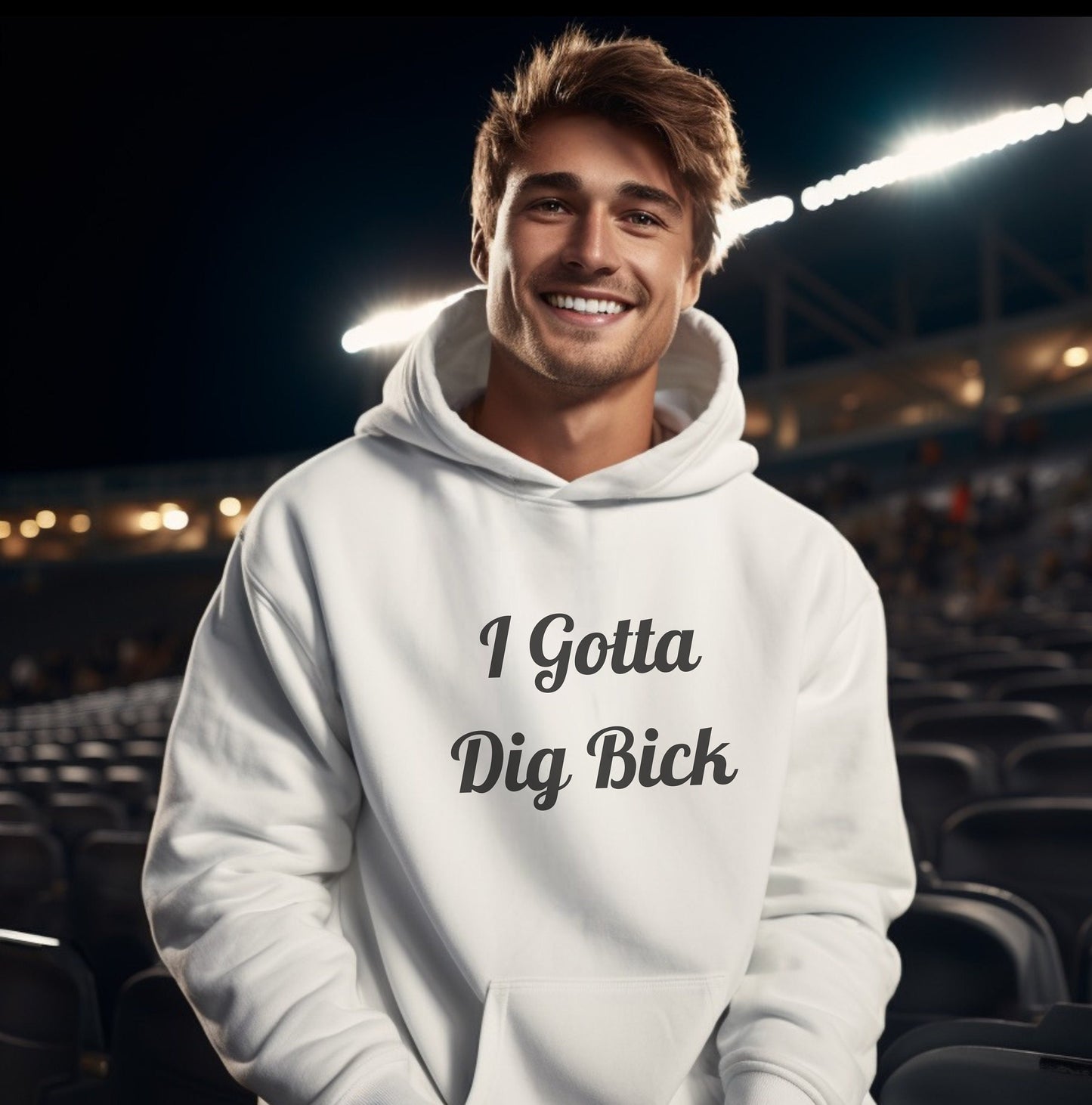 Warm, Stylish, Pullover Hoodie with Adult Humor.  I Gotta Dig Bick is hilarious on a Hoodie.  Guaranteed to get a ton of double takes and laughs as people read it wrong time and time again.  The perfect hoodie!  As comfortable as it is hilarious.