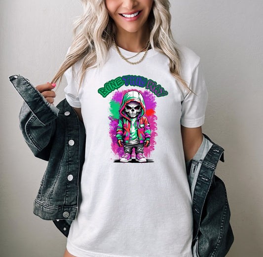 Bone This Way Skeleton T shirt by Scorpion Tees and More.  Cute colorful skeleton t shirt.  Skeleton with hoodie wearing hip hop style clothing.  T shirt would go great with any outfit.  Beautiful design and stylish as well as very comfortable.