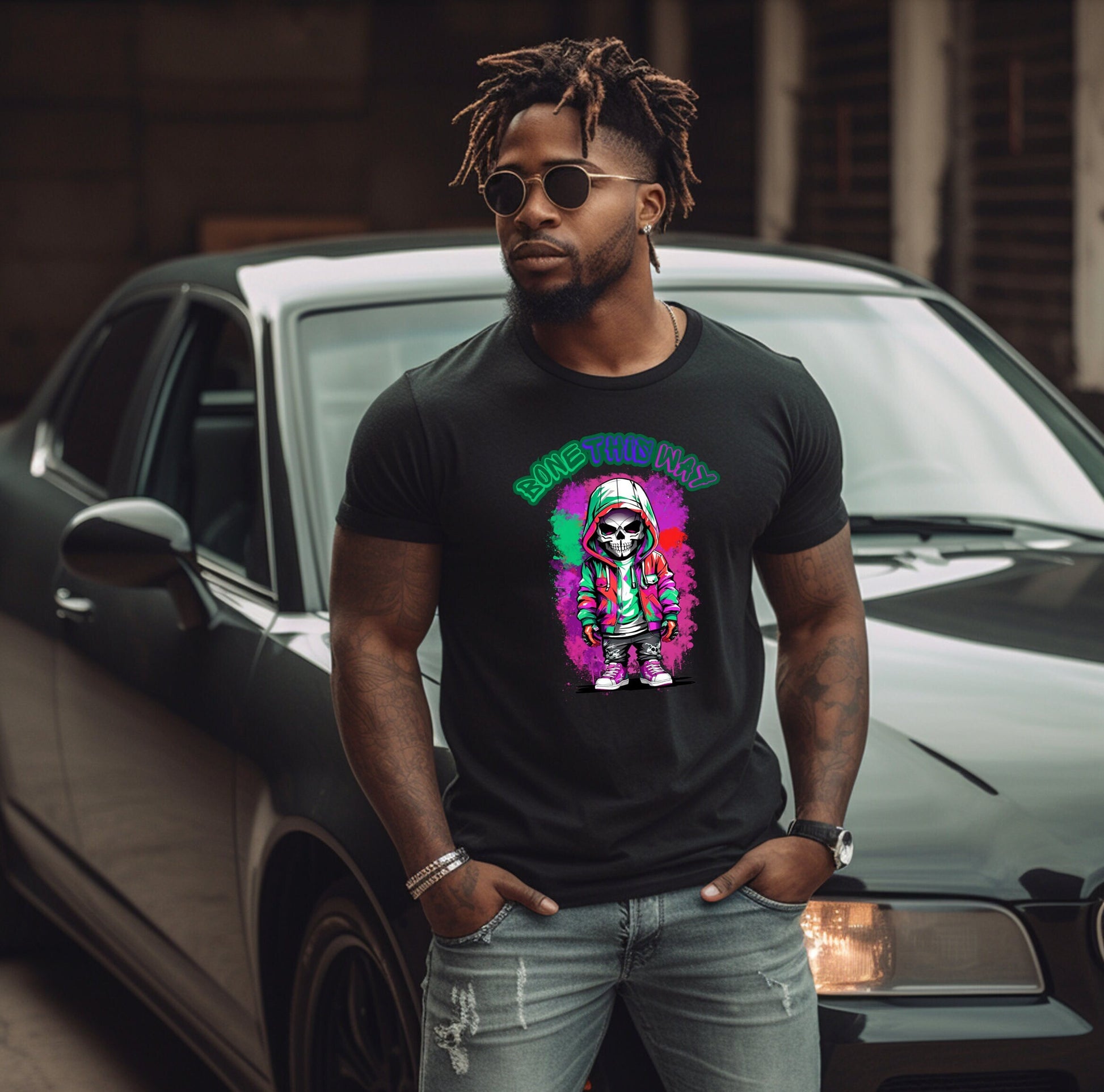 Bone This Way Skeleton T shirt by Scorpion Tees and More.  Cute colorful skeleton t shirt.  Skeleton with hoodie wearing hip hop style clothing.  T shirt would go great with any outfit.  Beautiful design and stylish as well as very comfortable.