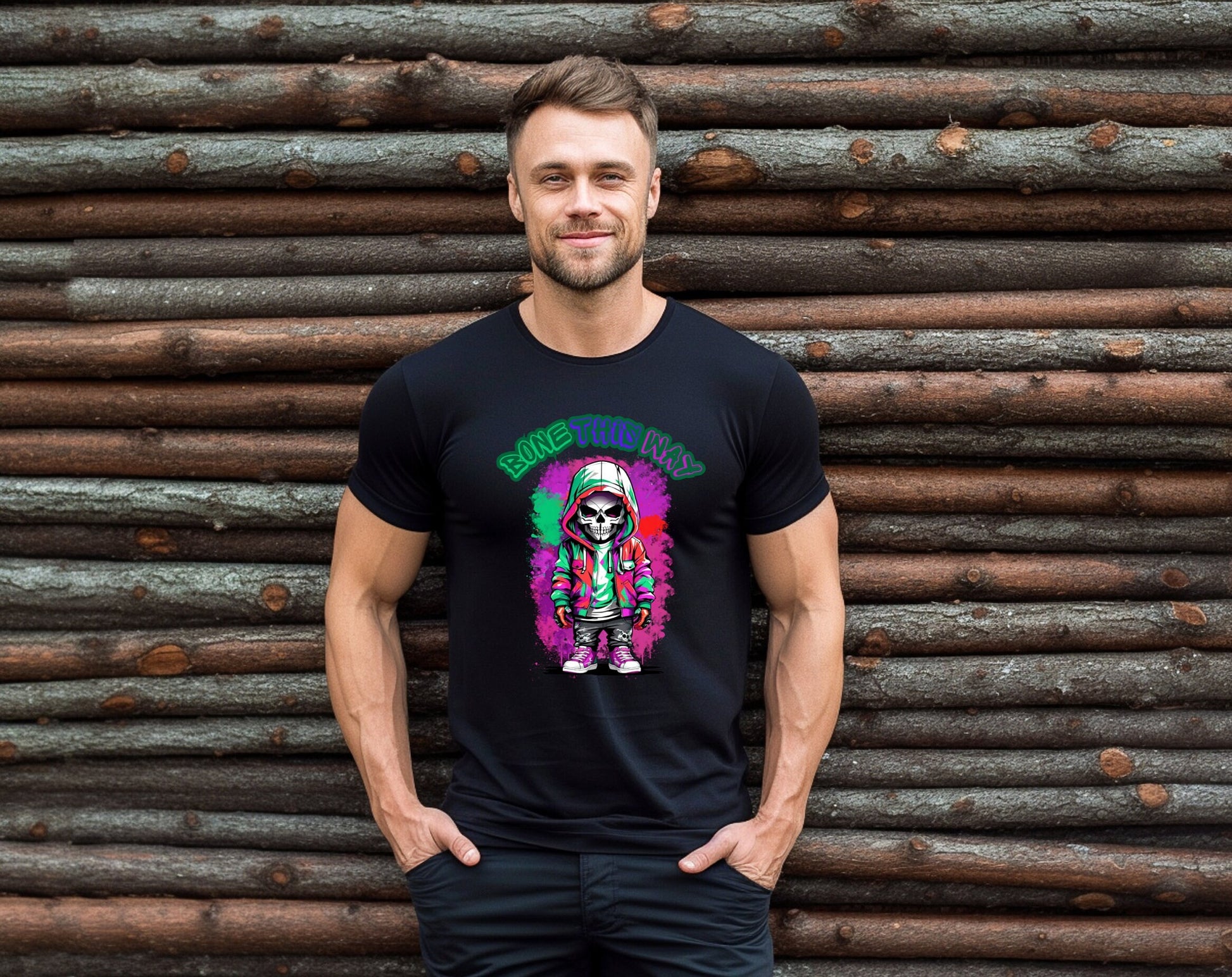 Bone This Way Skeleton T shirt by Scorpion Tees and More.  Cute colorful skeleton t shirt.  Skeleton with hoodie wearing hip hop style clothing.  T shirt would go great with any outfit.  Beautiful design and stylish as well as very comfortable.