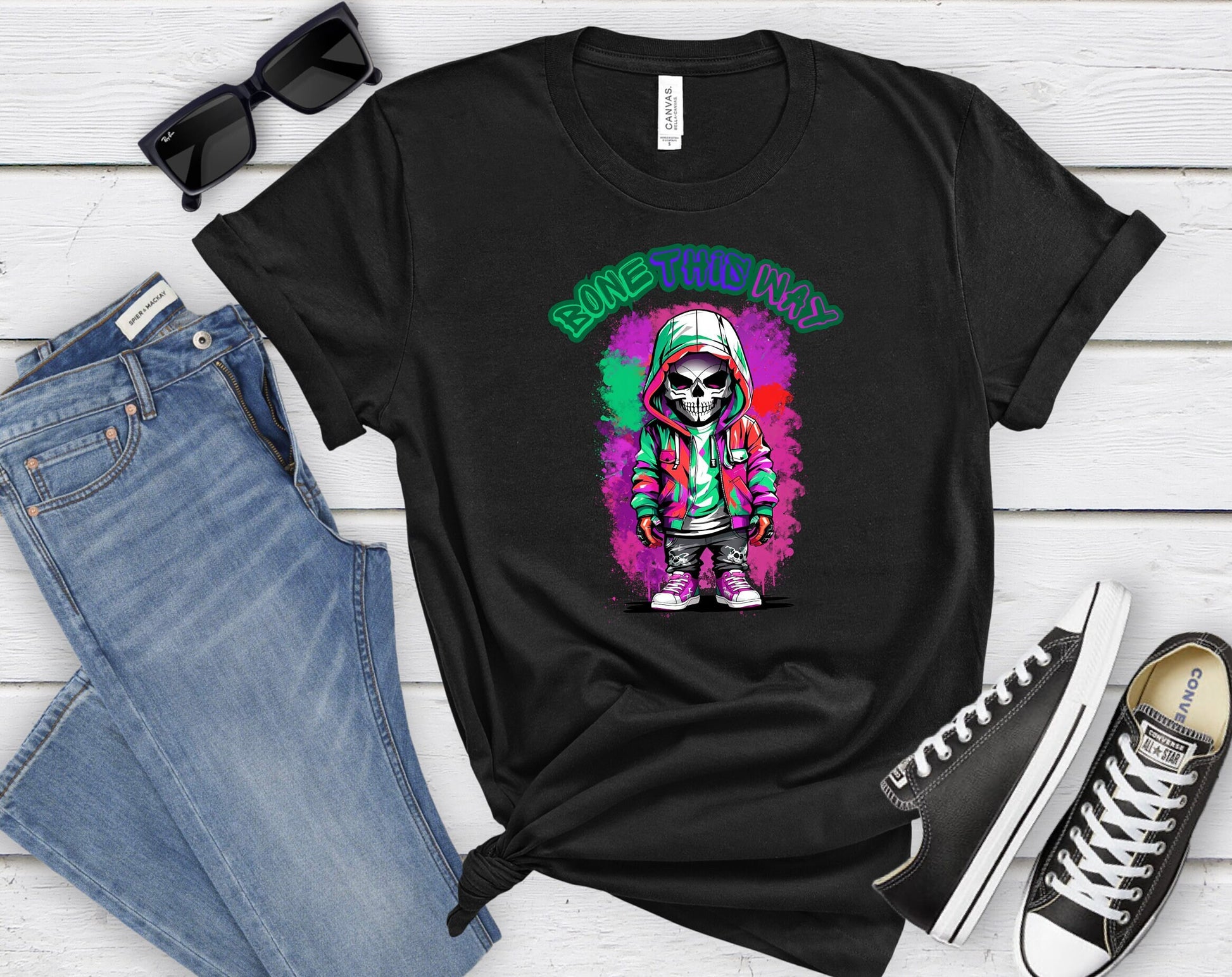 Bone This Way Skeleton T shirt by Scorpion Tees and More.  Cute colorful skeleton t shirt.  Skeleton with hoodie wearing hip hop style clothing.  T shirt would go great with any outfit.  Beautiful design and stylish as well as very comfortable.