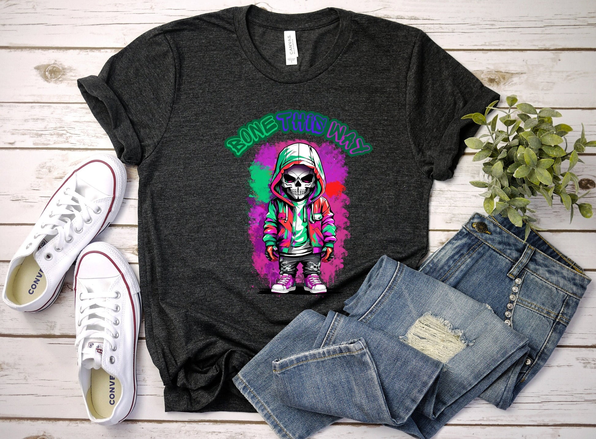 Bone This Way Skeleton T shirt by Scorpion Tees and More.  Cute colorful skeleton t shirt.  Skeleton with hoodie wearing hip hop style clothing.  T shirt would go great with any outfit.  Beautiful design and stylish as well as very comfortable.