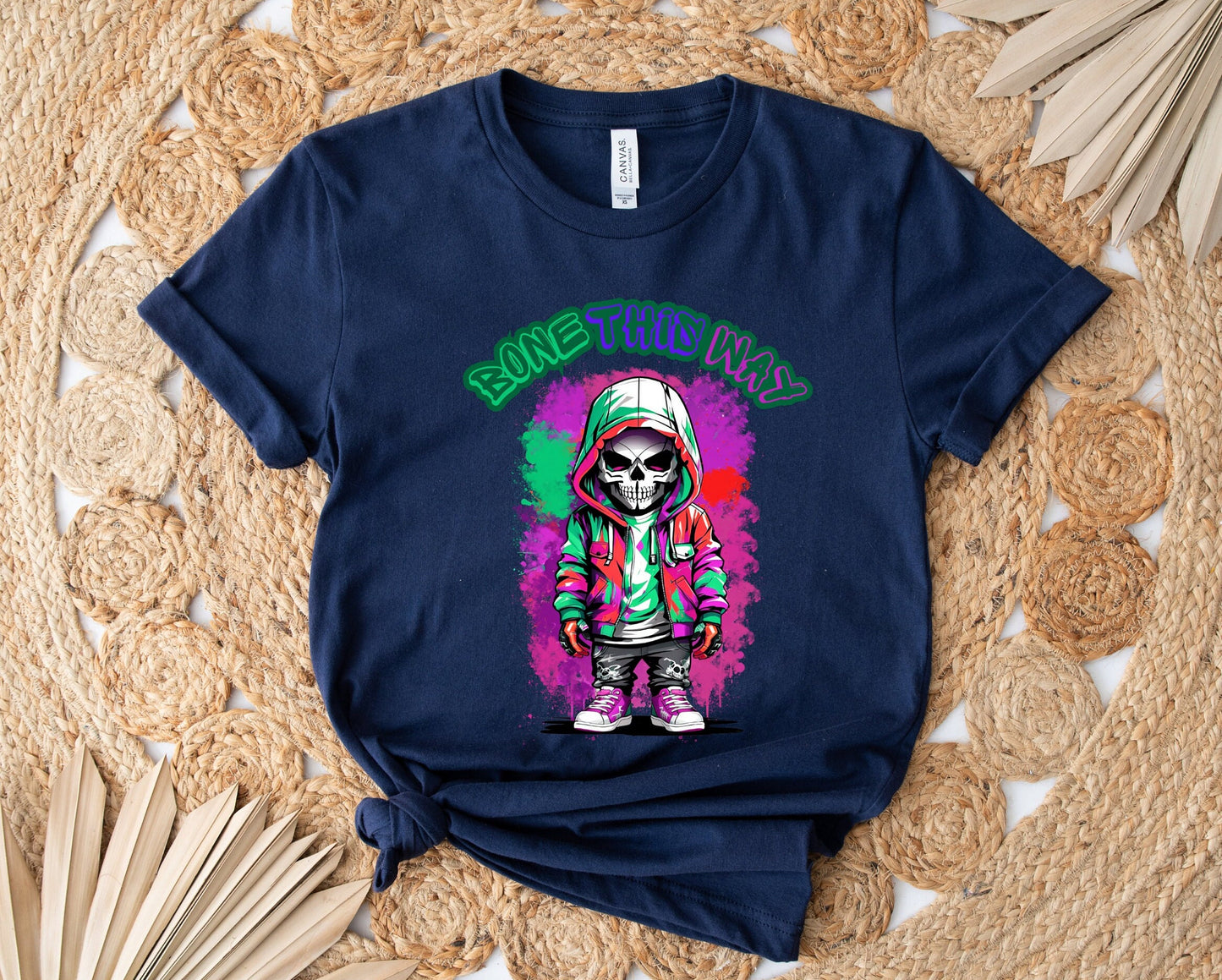 Bone This Way Skeleton T shirt by Scorpion Tees and More.  Cute colorful skeleton t shirt.  Skeleton with hoodie wearing hip hop style clothing.  T shirt would go great with any outfit.  Beautiful design and stylish as well as very comfortable.