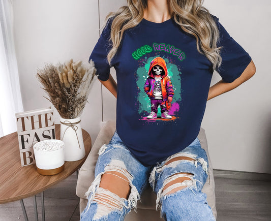 Hood Reaper T shirt by Scorpion Tees and More.  Cute colorful skeleton t shirt.  Skeleton with hoodie wearing hip hop style clothing.  T shirt would go great with any outfit.  Beautiful design and stylish as well as very comfortable.