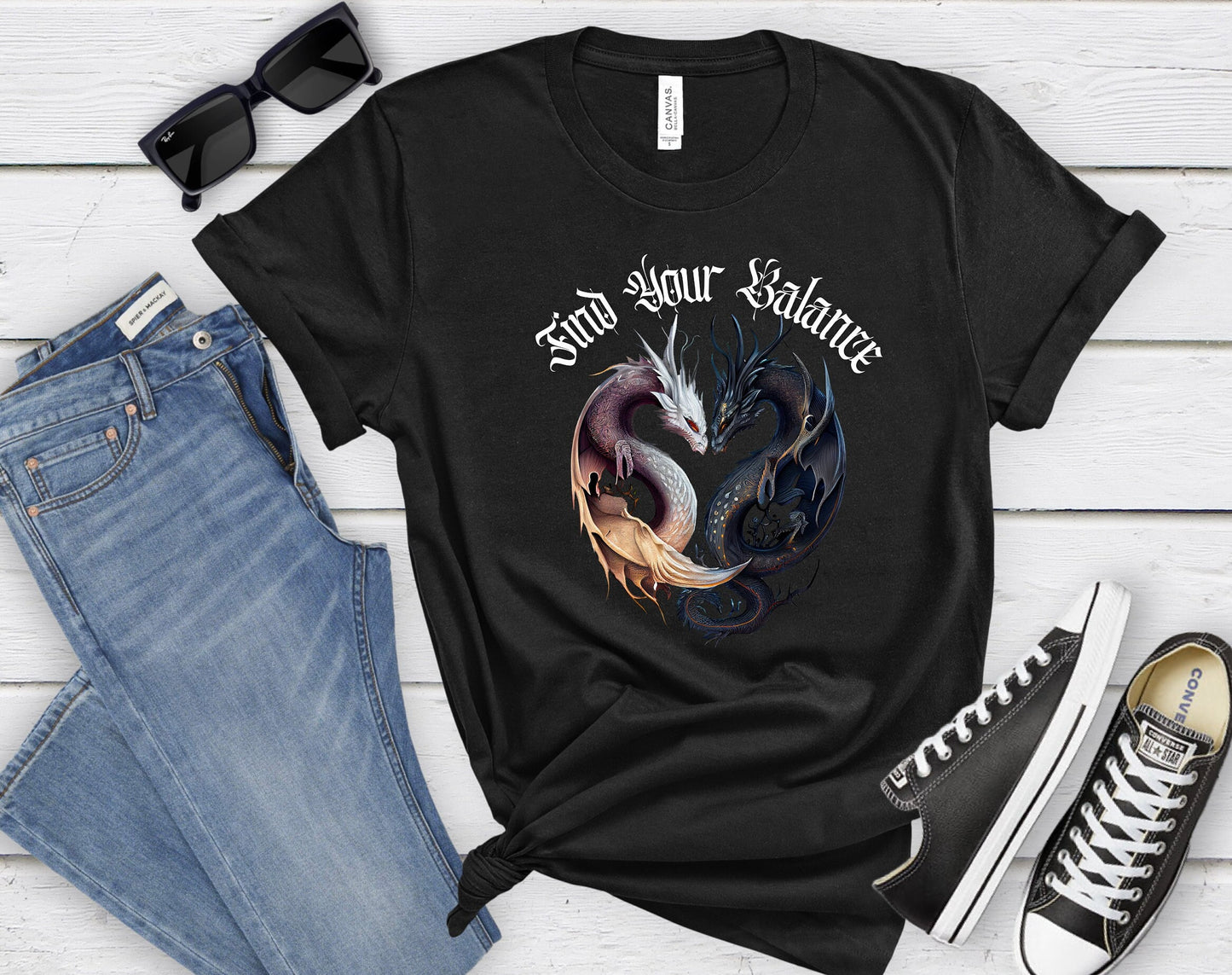 Stylish Graphic T shirt with Ying Yang Dragons.  Stylish shirt with Beautiful Design.  Motivational Message to bring inspiration.  Find your Balance with this amazing shirt.  This Shirt is as comfortable as it is awesome.
www.scorpiontees.etsy.com