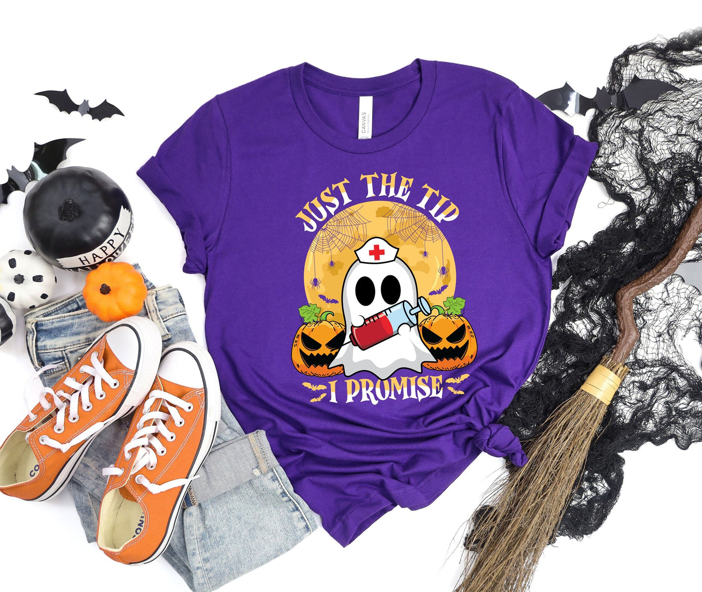 Just the Tip I promise Halloween Nursing Ghost T shirt.  This stylish Tee has a cool design of a Ghost with a nurse hat holding a syringe next to pumpkins spiders and bats. Makes a perfect gift for Halloween and for nurses.
www.scorpiontees.etsy.com