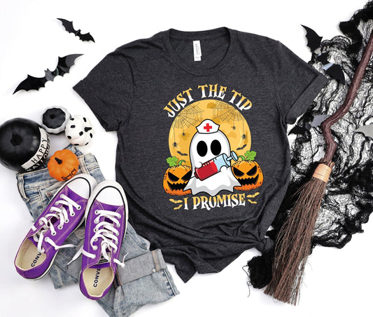 Just the Tip I promise Halloween Nursing Ghost T shirt.  This stylish Tee has a cool design of a Ghost with a nurse hat holding a syringe next to pumpkins spiders and bats. Makes a perfect gift for Halloween and for nurses.
www.scorpiontees.etsy.com