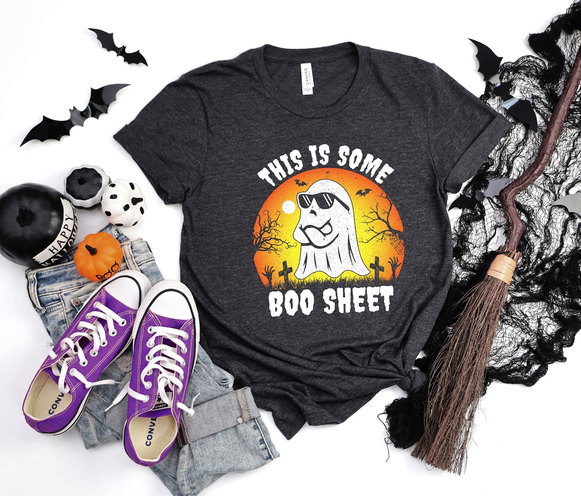 This is some Boo sheet Halloween Ghost shirt, A hilariously cute design on a stylish and comfortable T shirt. Annoyed ghost with sunglasses on a graveyard background.  A perfect Halloween gift that can be worn all year long.
www.scorpiontees.etsy.com