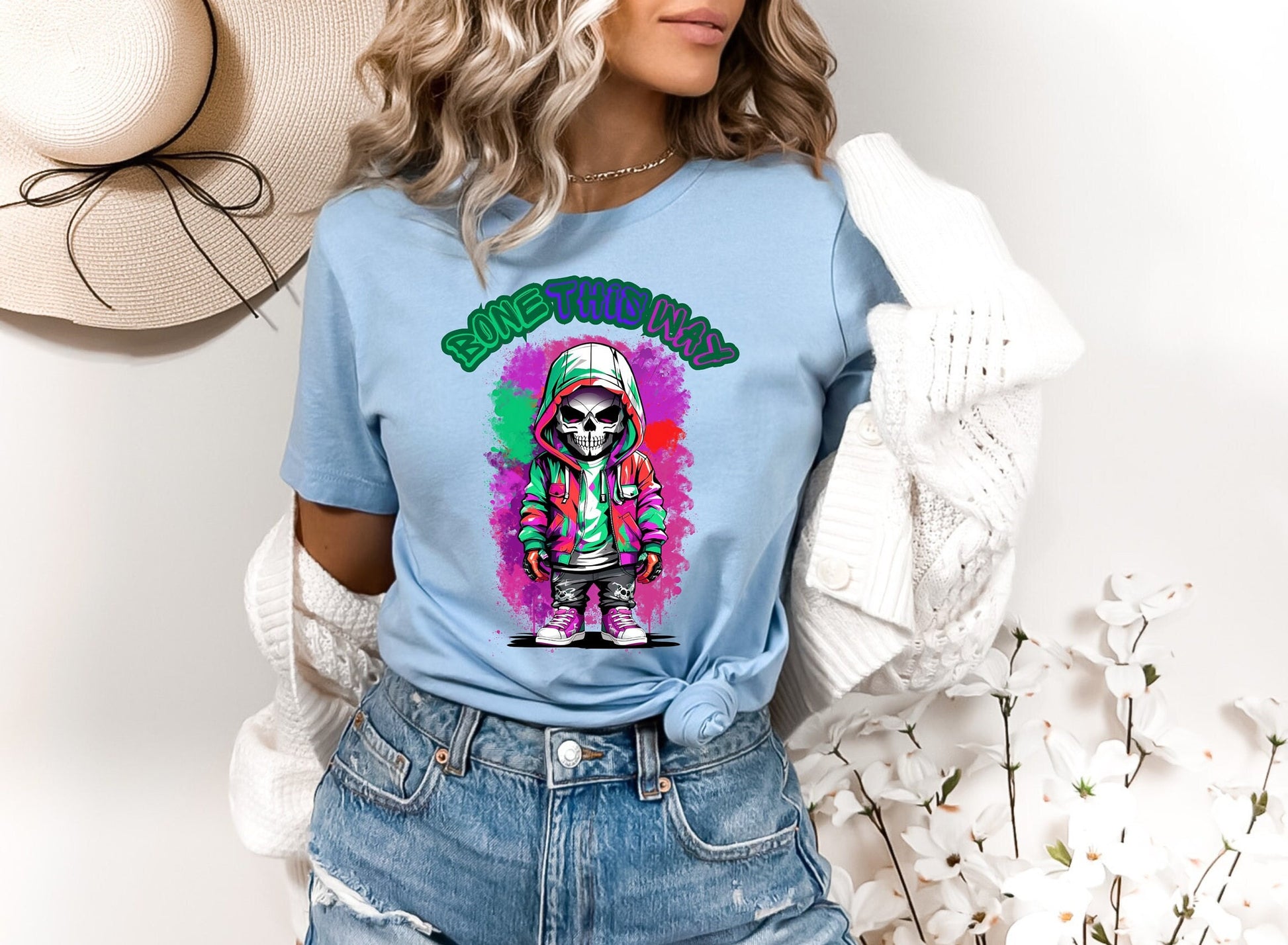 Bone This Way Skeleton T shirt by Scorpion Tees and More.  Cute colorful skeleton t shirt.  Skeleton with hoodie wearing hip hop style clothing.  T shirt would go great with any outfit.  Beautiful design and stylish as well as very comfortable.