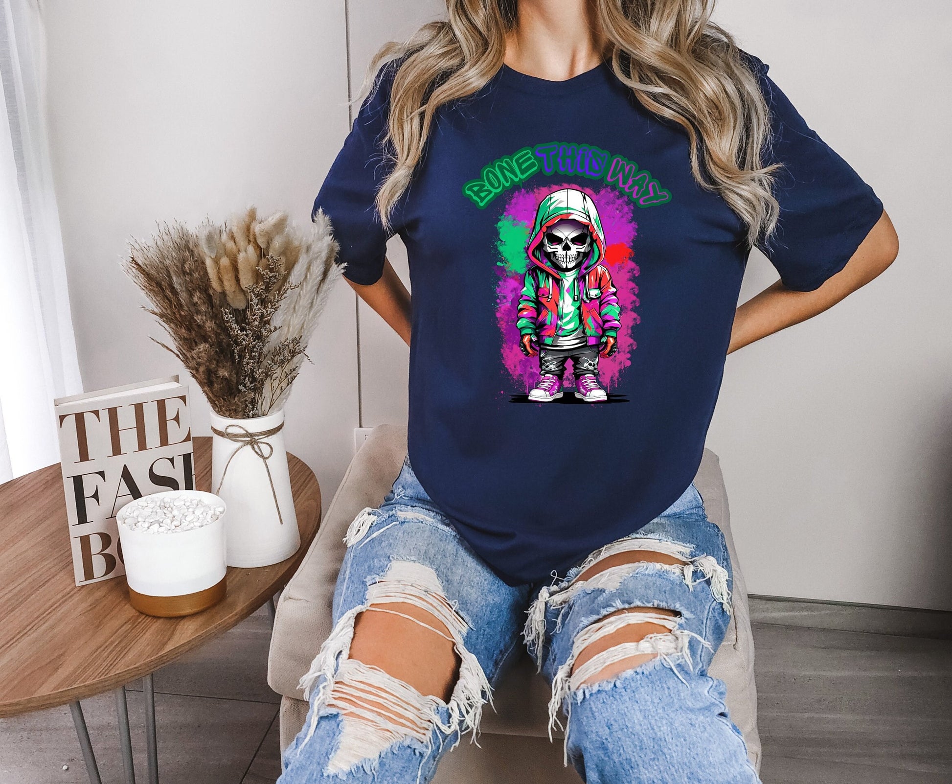 Bone This Way Skeleton T shirt by Scorpion Tees and More.  Cute colorful skeleton t shirt.  Skeleton with hoodie wearing hip hop style clothing.  T shirt would go great with any outfit.  Beautiful design and stylish as well as very comfortable.