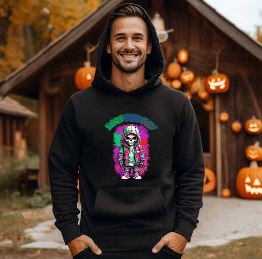 Bone This Way Skeleton Hoodie by Scorpion Tees and More.  Cute colorful Skeleton with hoodie wearing hip hop style clothing.  This Hoodie will go great with any outfit.  Beautiful design and stylish as well as very warm and comfortable.