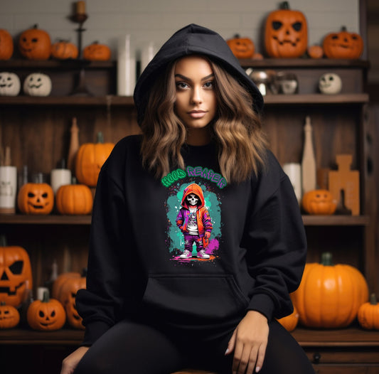 Hood Reaper Skeleton Hoodie by Scorpion Tees and More.  Cute colorful Skeleton with hoodie wearing hip hop style clothing.  This Hoodie will go great with any outfit.  Beautiful design and stylish as well as very warm and comfortable.