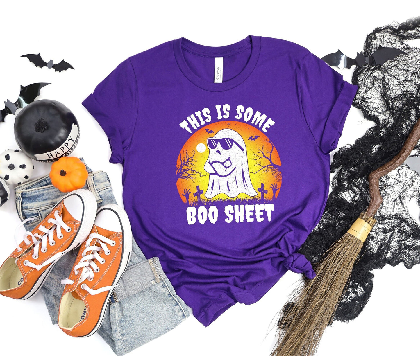 This is some Boo sheet Halloween Ghost shirt, A hilariously cute design on a stylish and comfortable T shirt. Annoyed ghost with sunglasses on a graveyard background.  A perfect Halloween gift that can be worn all year long.
www.scorpiontees.etsy.com