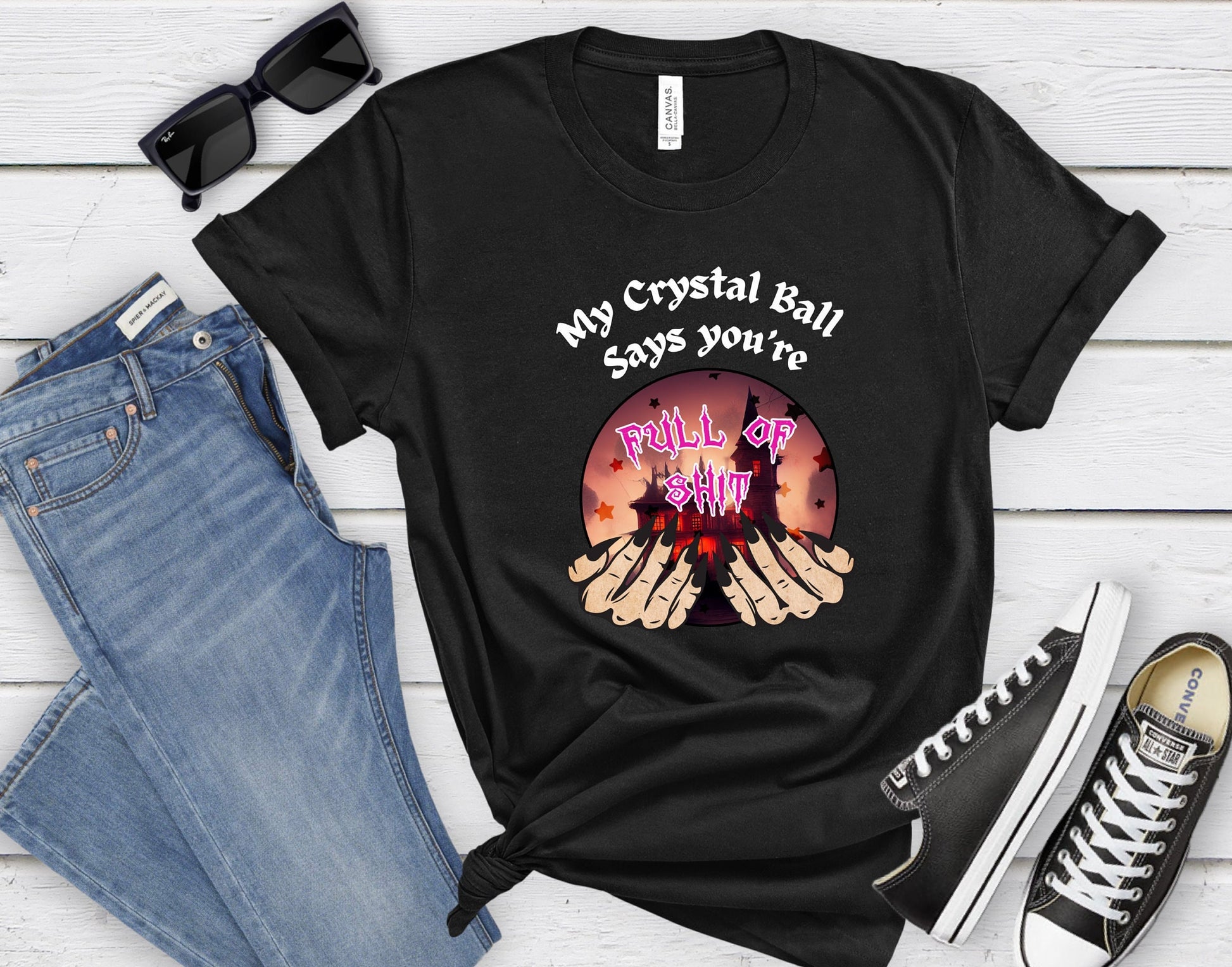 Hilarious crystal ball T shirt sure to get laughs and smiles. Funny Design of My crystal ball says you&#39;re full of Shit. Great gift for psychics, mystic, gypsies or anyone with a sense of humor. Get yours Today at www.scorpiontees.etsy.com