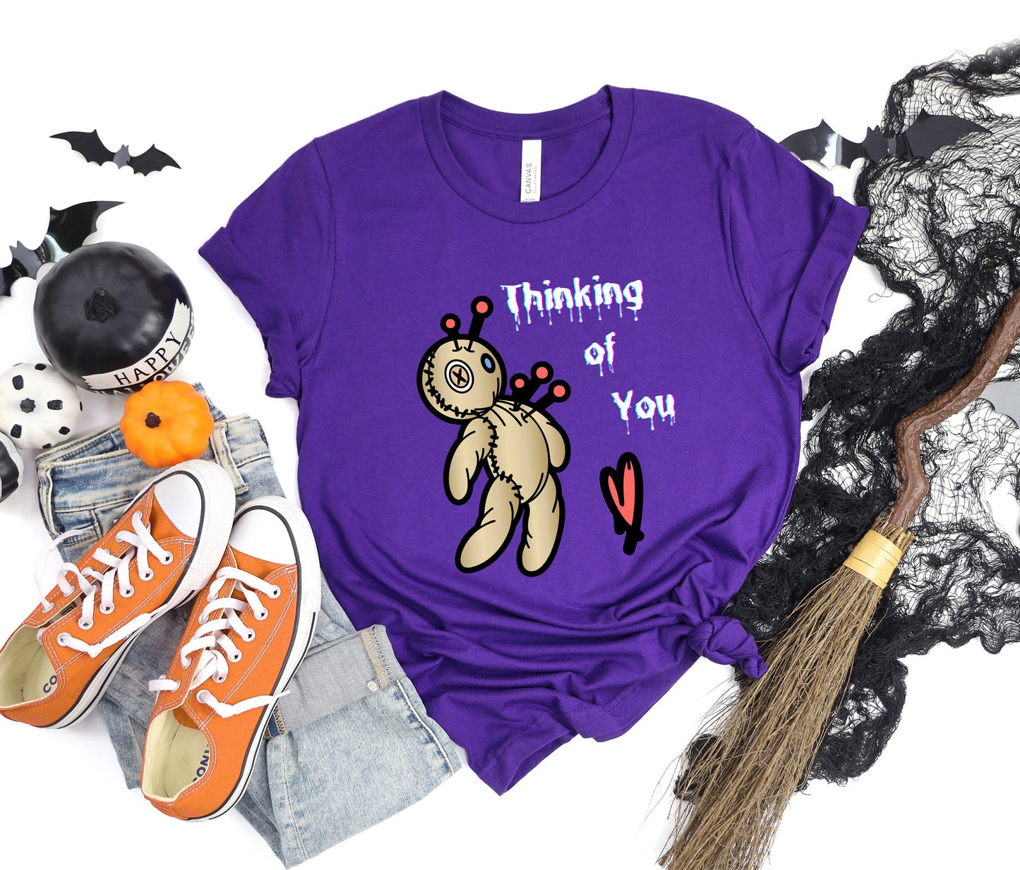 Thinking of you Voodoo doll T shirt. Scorned lover or sarcastic thoughts as voodoo doll is being stuck with pins in his heart. Hilariously cute design on a comfortable T shirt.  Perfect gift for Halloween or just for fun.
www.scorpiontees.etsy.com