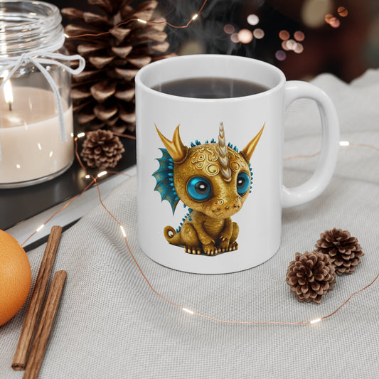 Golden Blue Adorable Baby Dragon Coffee Mug, Heart of a Dragon Mug, White Ceramic Mug for Dragon Lovers, Gift Mug for your Dragon Spirit