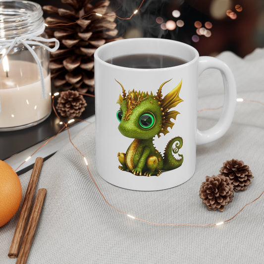 Green and Gold Adorable Baby Dragon Coffee Mug, Heart of a Dragon Mug, White Ceramic Mug for Dragon Lovers, Gift Mug for your Dragon Spirit