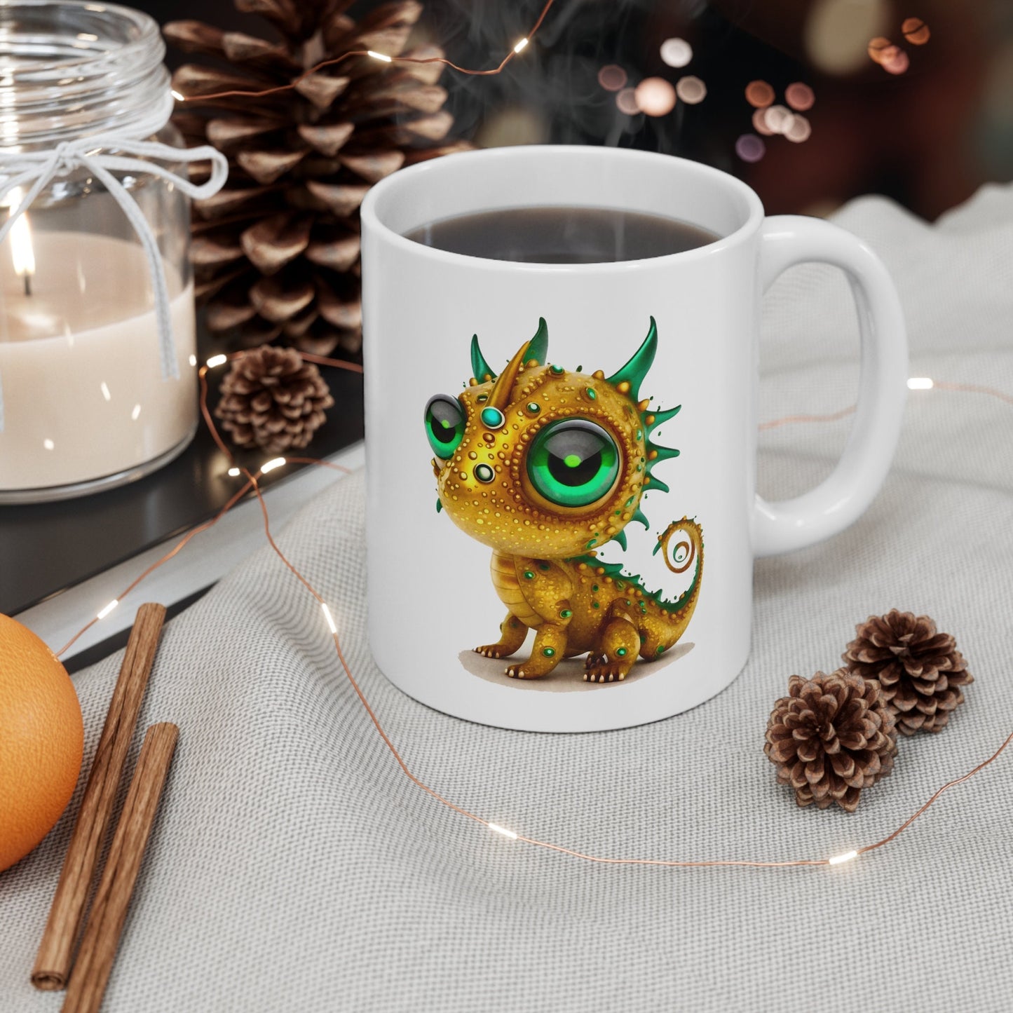 Golden Green Adorable Baby Dragon Coffee Mug, Heart of a Dragon Mug, White Ceramic Mug for Dragon Lovers, Gift Mug for your Dragon Spirit