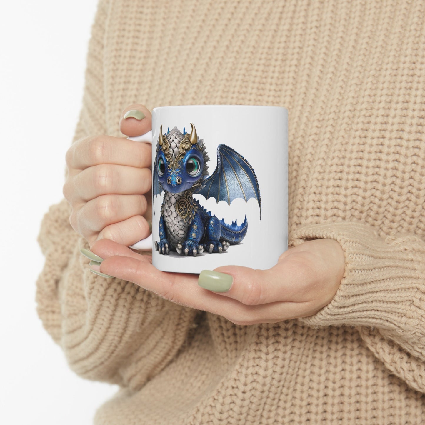 Blue Silver Adorable Baby Dragon Coffee Mug, Heart of a Dragon Mug, White Ceramic Mug for Dragon Lovers, Gift Mug for your Dragon Spirit