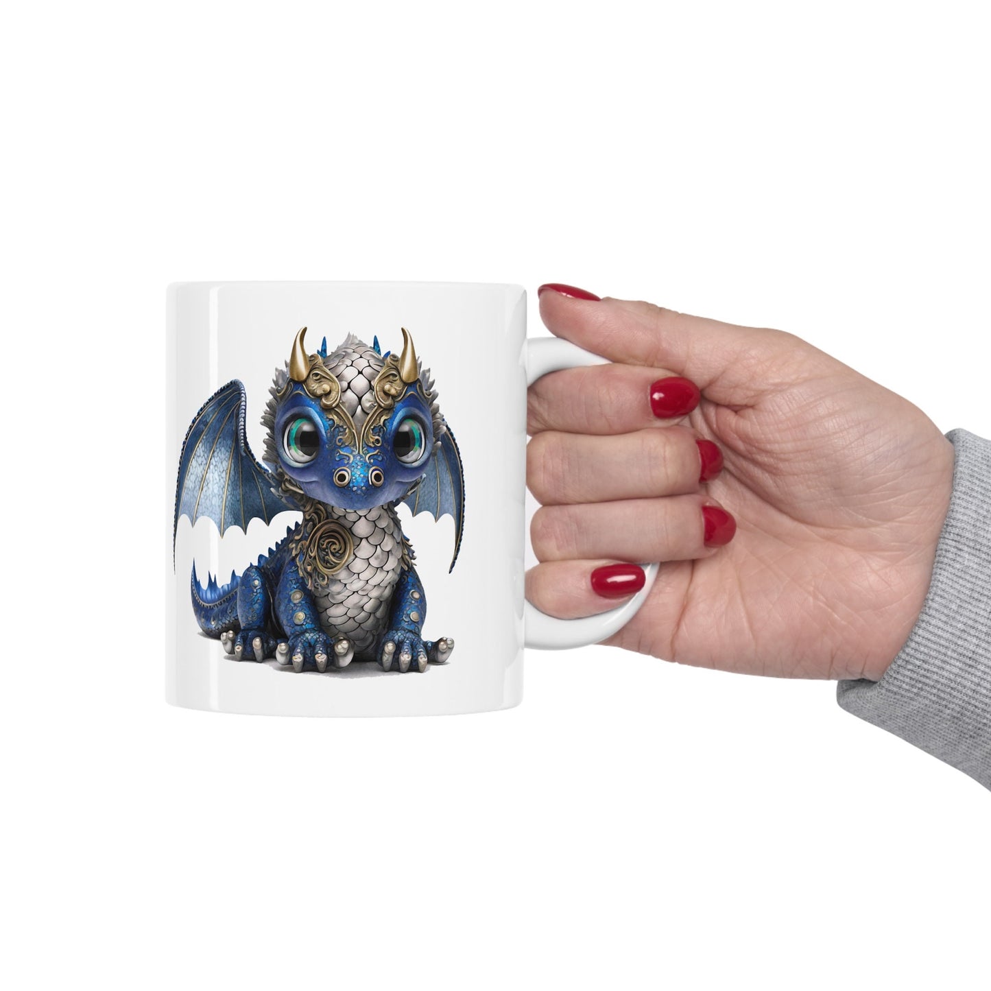 Blue Silver Adorable Baby Dragon Coffee Mug, Heart of a Dragon Mug, White Ceramic Mug for Dragon Lovers, Gift Mug for your Dragon Spirit