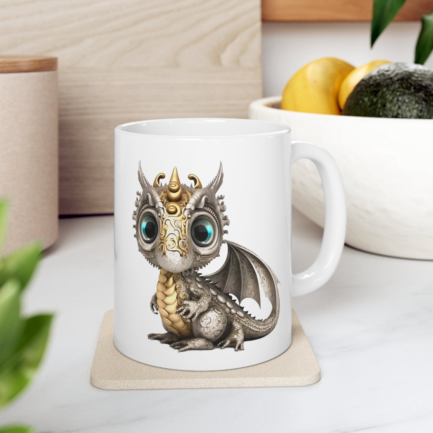 Silver Gold Adorable Baby Dragon Coffee Mug, Heart of a Dragon Mug, White Ceramic Mug for Dragon Lovers, Gift Mug for your Dragon Spirit