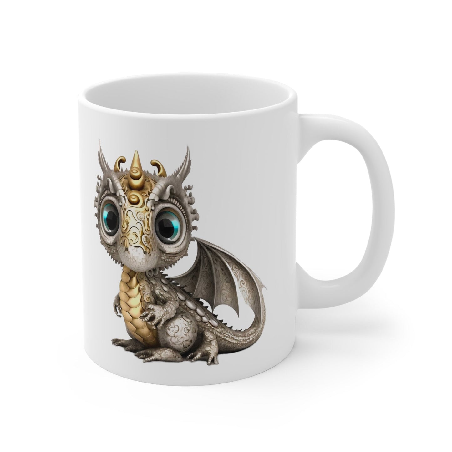 Silver Gold Adorable Baby Dragon Coffee Mug, Heart of a Dragon Mug, White Ceramic Mug for Dragon Lovers, Gift Mug for your Dragon Spirit