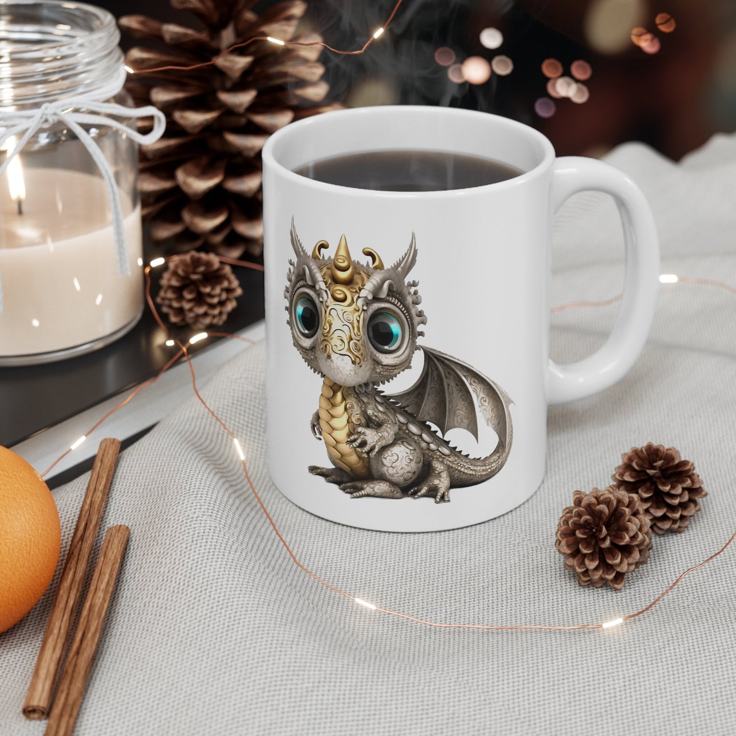 Silver Gold Adorable Baby Dragon Coffee Mug, Heart of a Dragon Mug, White Ceramic Mug for Dragon Lovers, Gift Mug for your Dragon Spirit