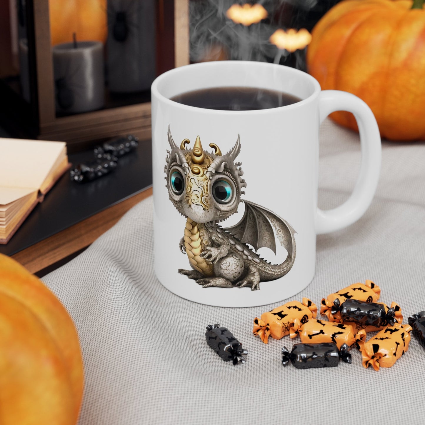 Silver Gold Adorable Baby Dragon Coffee Mug, Heart of a Dragon Mug, White Ceramic Mug for Dragon Lovers, Gift Mug for your Dragon Spirit