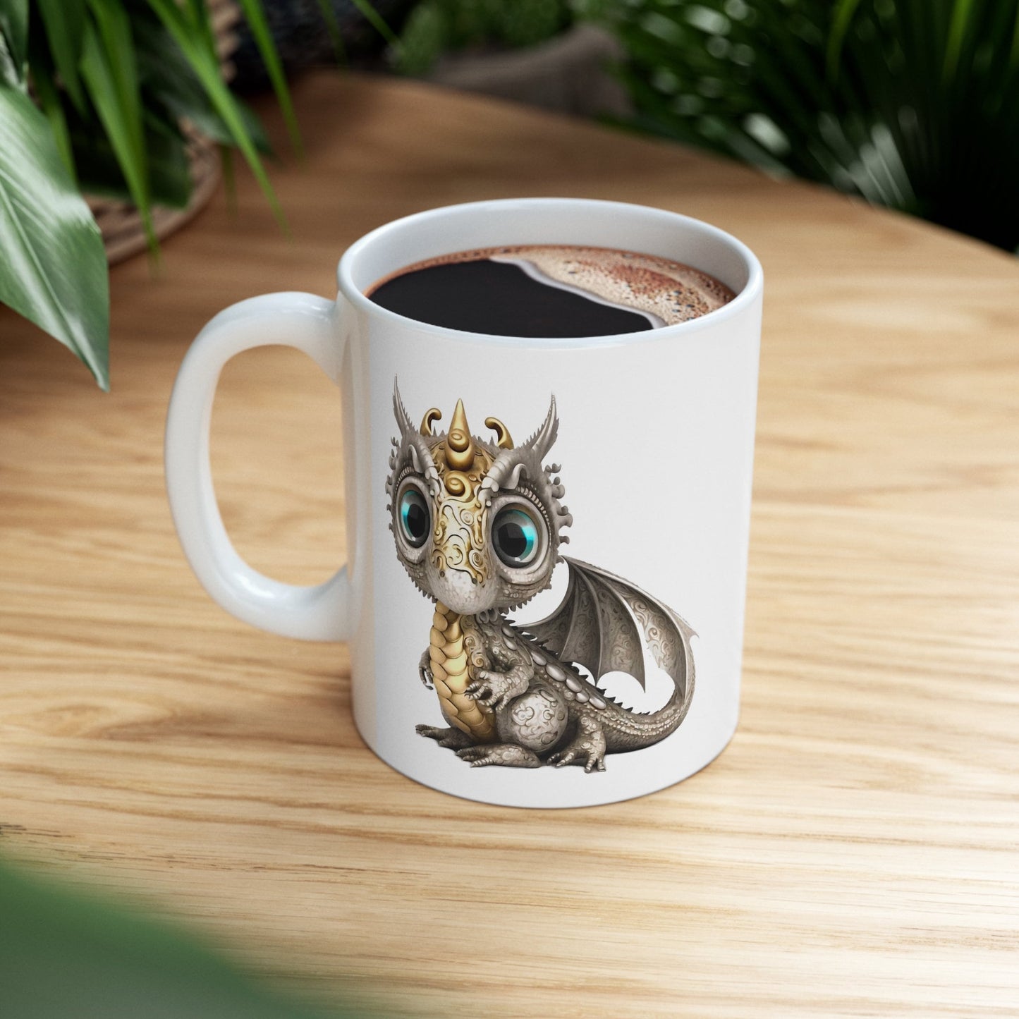 Silver Gold Adorable Baby Dragon Coffee Mug, Heart of a Dragon Mug, White Ceramic Mug for Dragon Lovers, Gift Mug for your Dragon Spirit