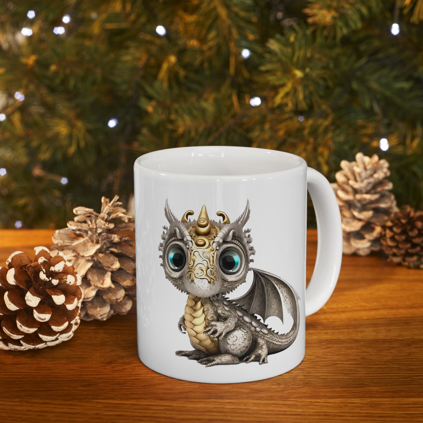 Silver Gold Adorable Baby Dragon Coffee Mug, Heart of a Dragon Mug, White Ceramic Mug for Dragon Lovers, Gift Mug for your Dragon Spirit